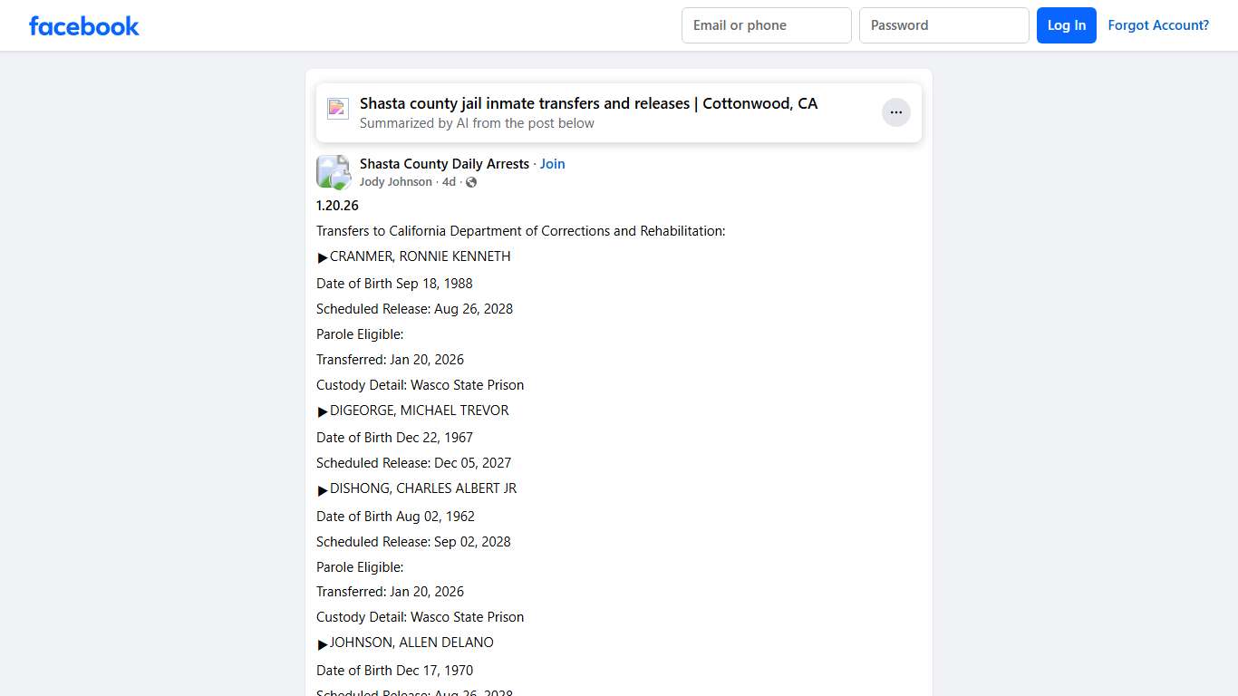 Shasta County Daily Arrests **1.20.26** Facebook