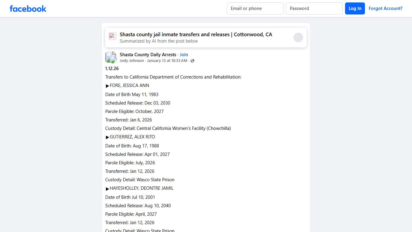 Shasta County Daily Arrests **1.12.26** Facebook